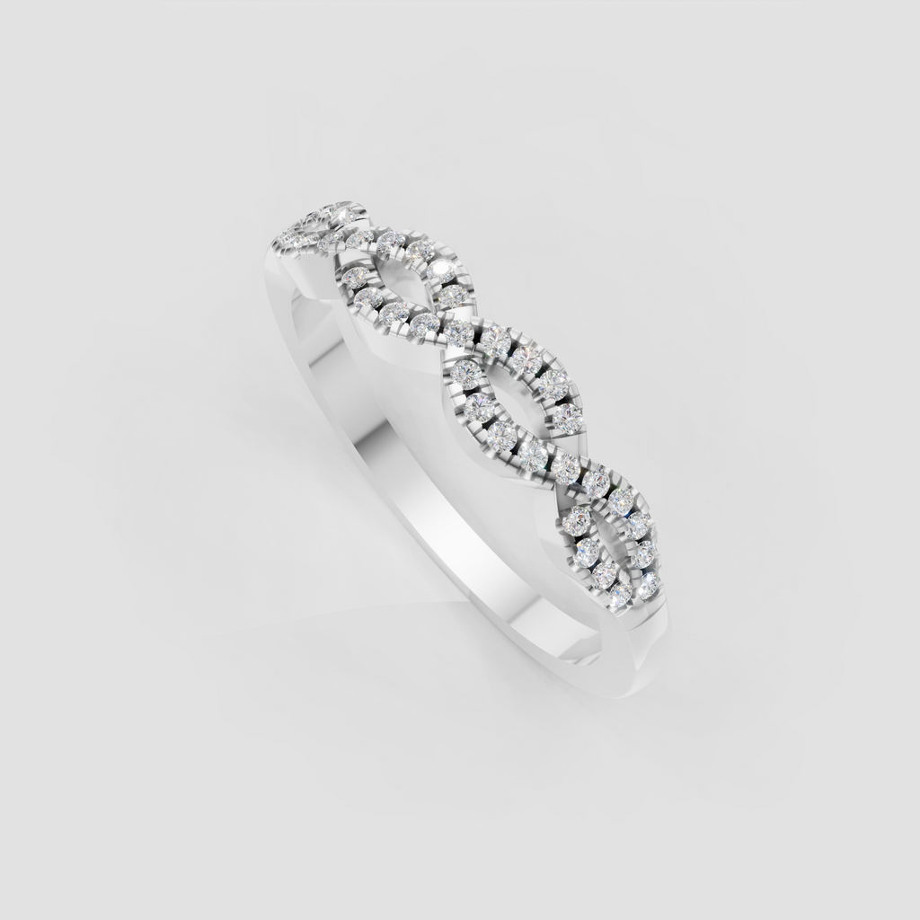 Round cut diamond ring featuring an intricate infinity design