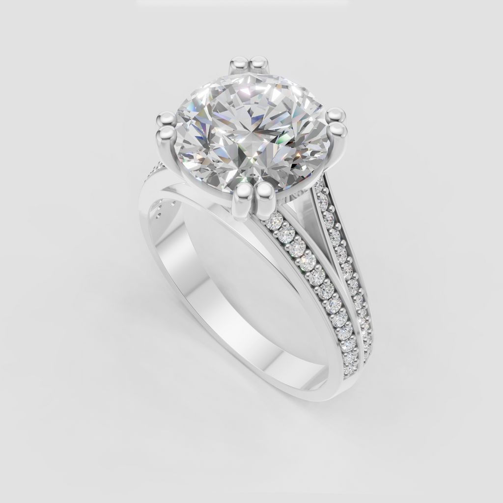 Round center stone ring with double-row pavé side stones