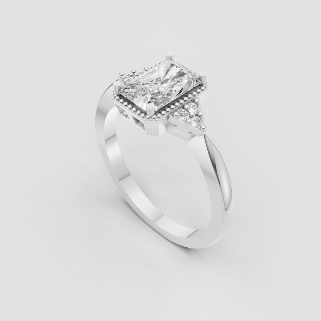 Rectangular diamond engagement ring with intricate beaded halo border