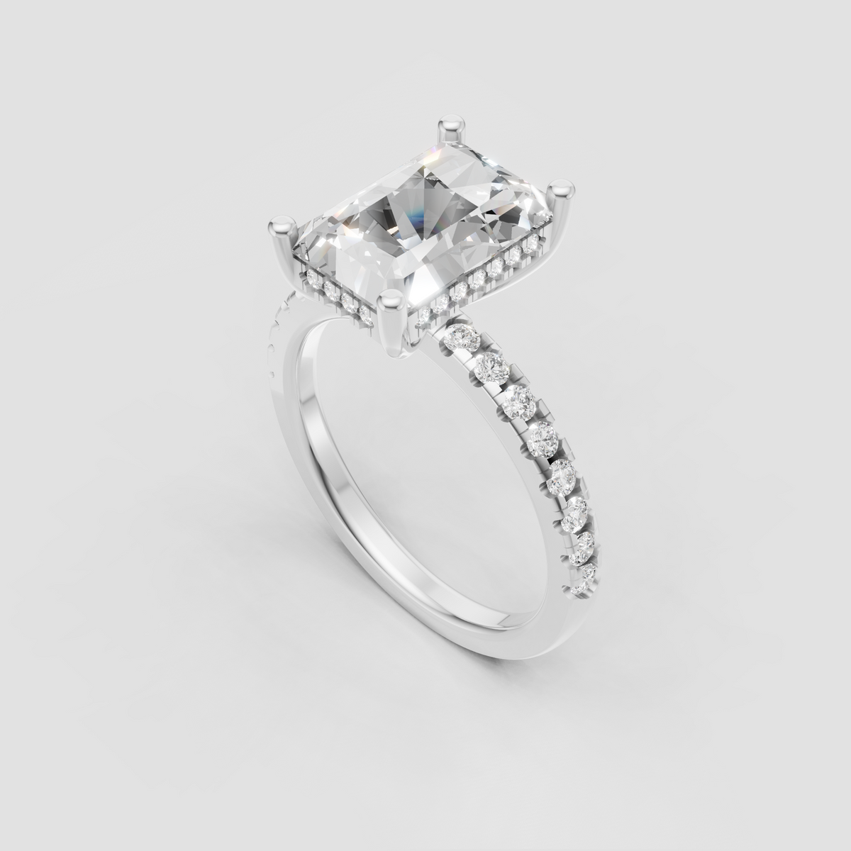 Radiant cut center diamond hidden halo bridal ring