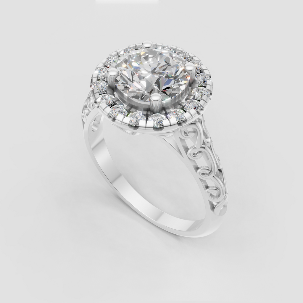 Round diamond halo engagement ring with intricate gallery design