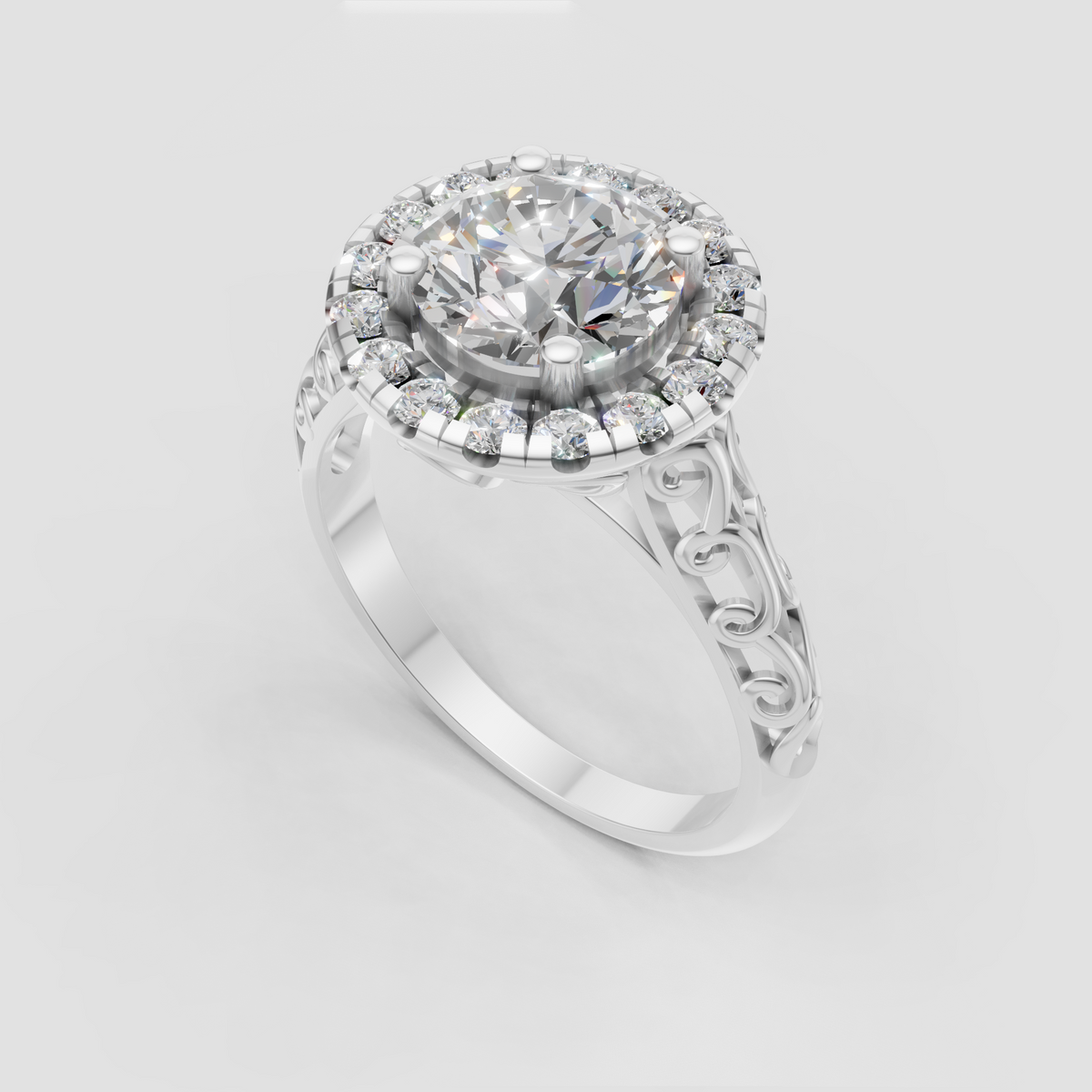 Round diamond halo engagement ring with intricate gallery design