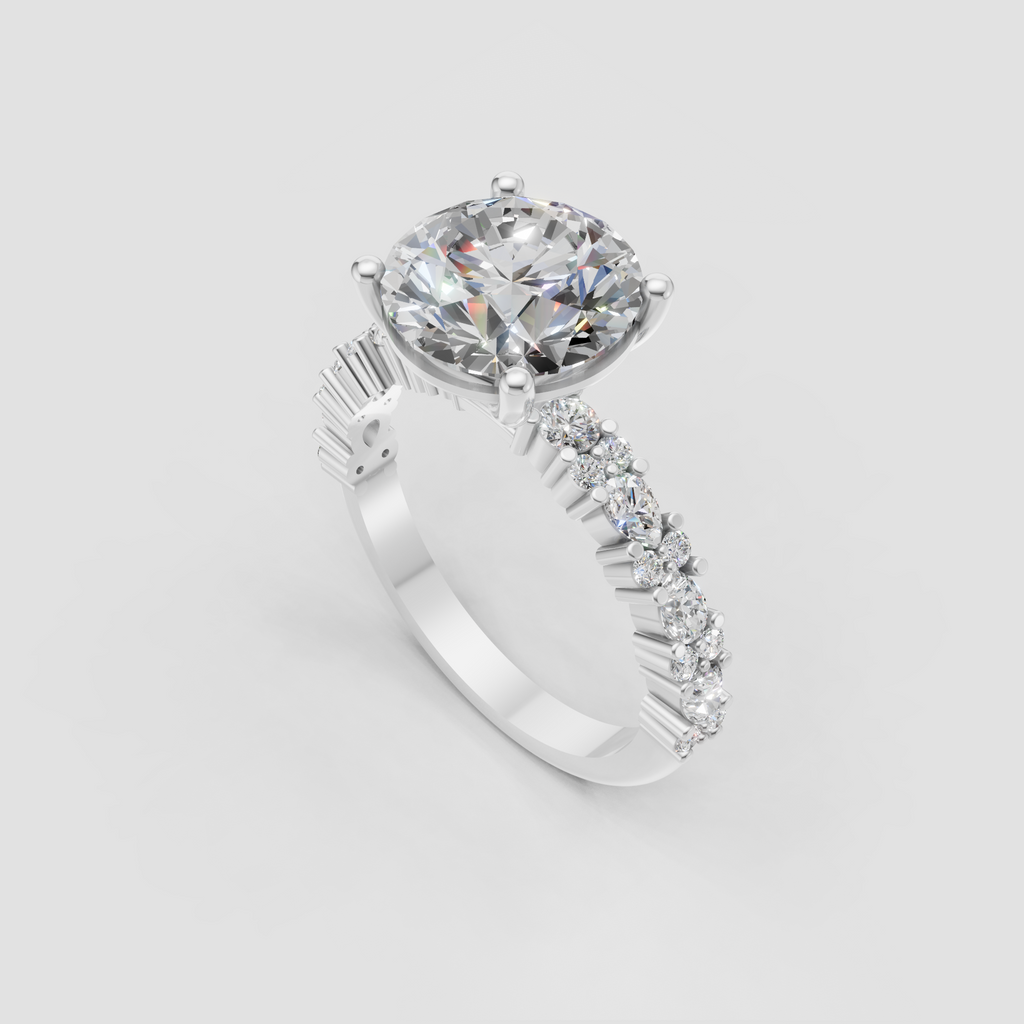 Round diamond prong setting ring with sparkling side accents