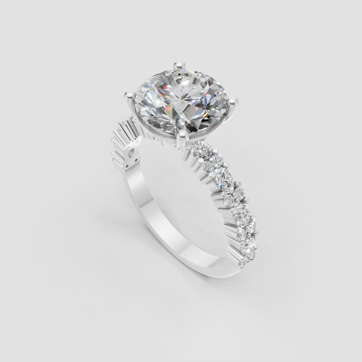 Round diamond prong setting ring with sparkling side accents