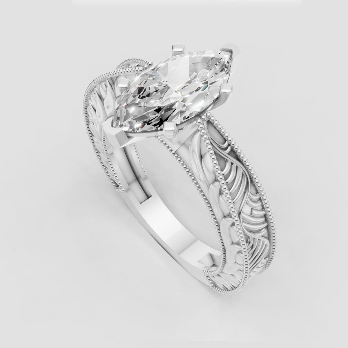 Ornate vintage filigree marquise engagement ring