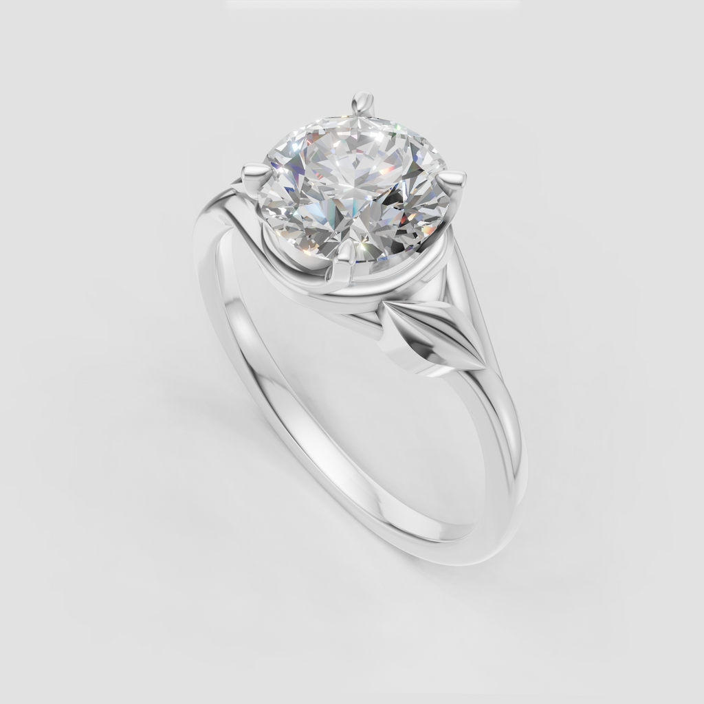Botanical round diamond solitaire ring with sculpted nature inspired shoulders