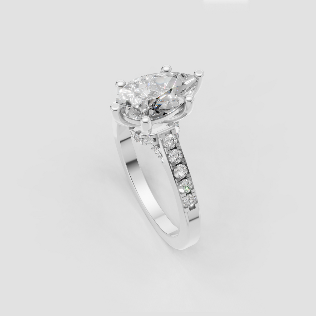 Luxury pear shaped engagement ring with V-shaped split band and diamond accents