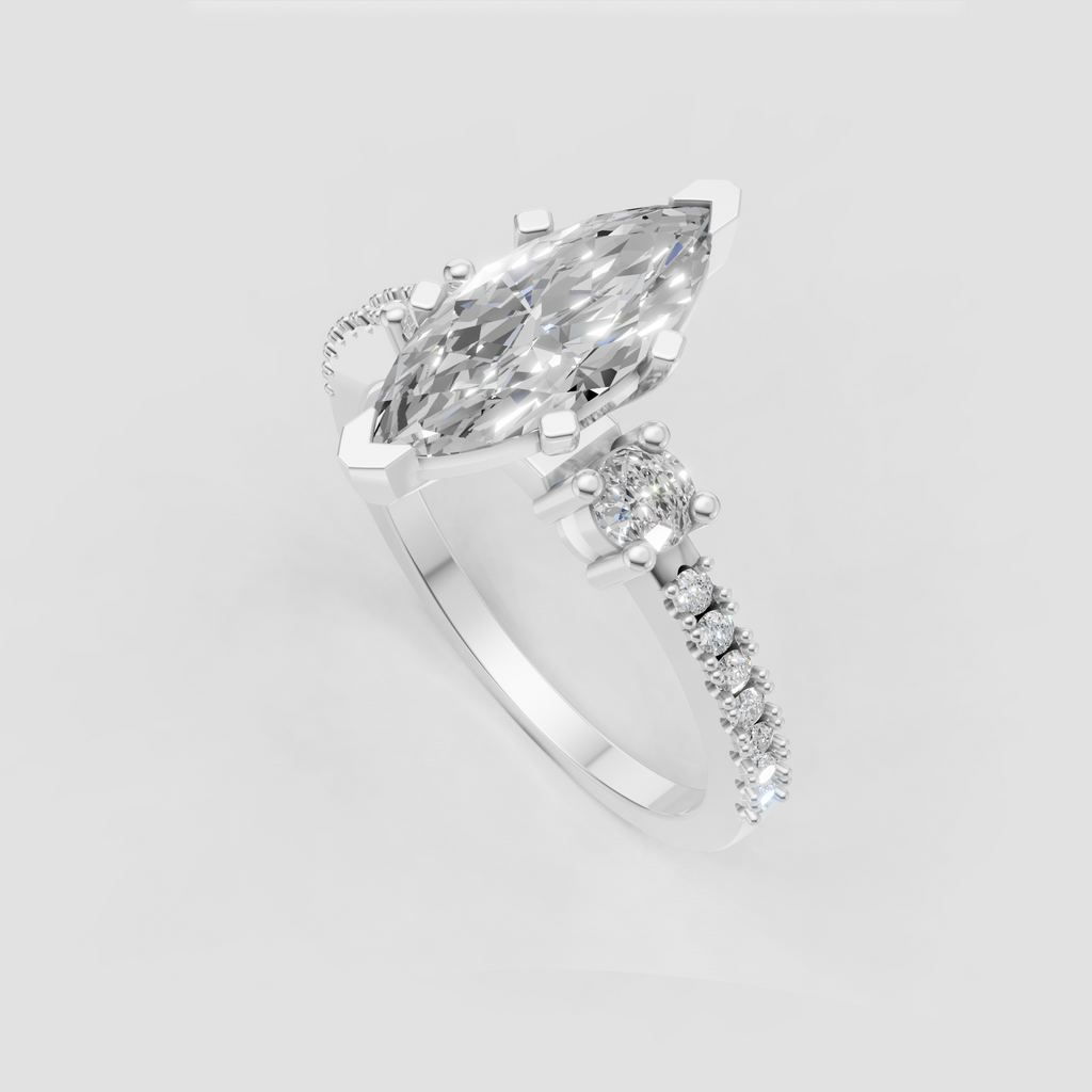 Yellow gold marquise diamond engagement ring with round accent stones