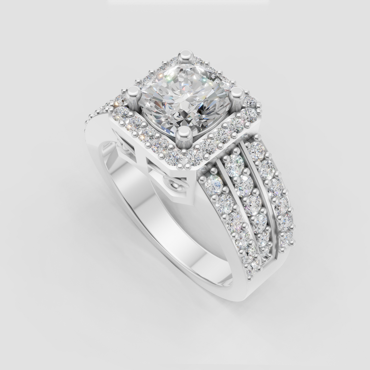 Glamorous cushion diamond halo engagement ring close-up