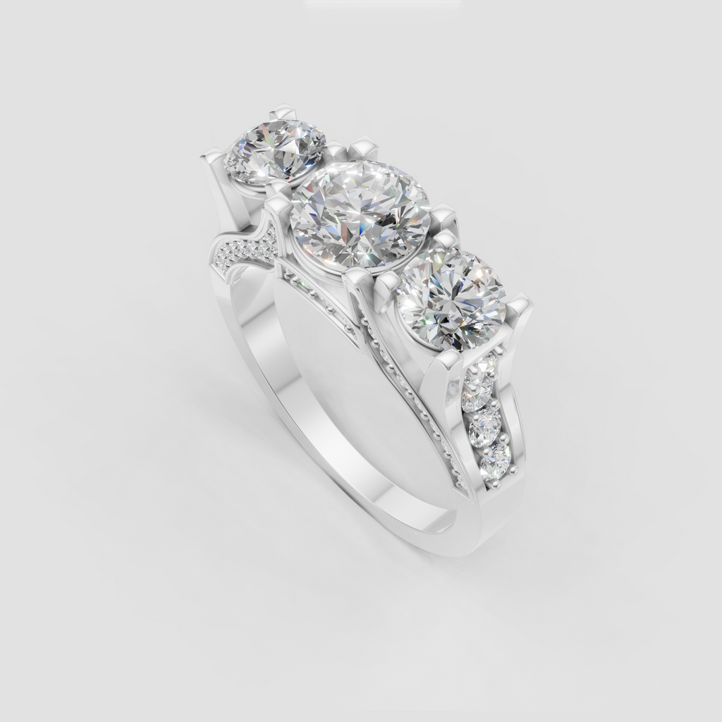 Round Diamond trellis engagement ring with two matching round side stones