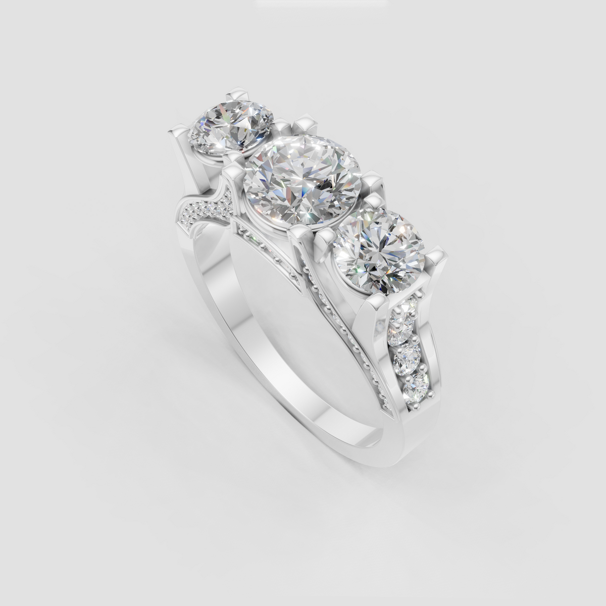 Round Diamond trellis engagement ring with two matching round side stones
