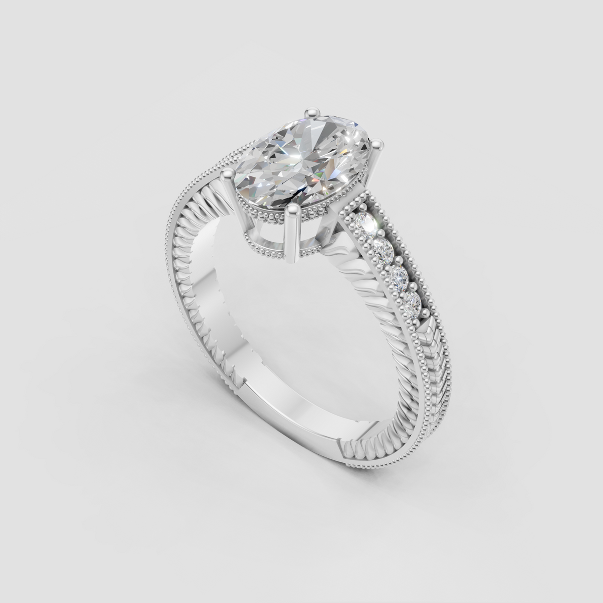 Yellow gold oval diamond ring with round side stones and vintage detailing