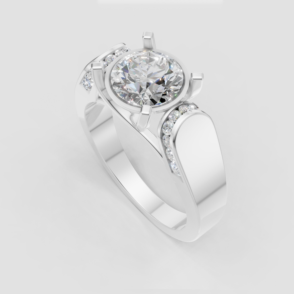 Luxury round diamond ring with four decorative prongs and sparkling shoulders