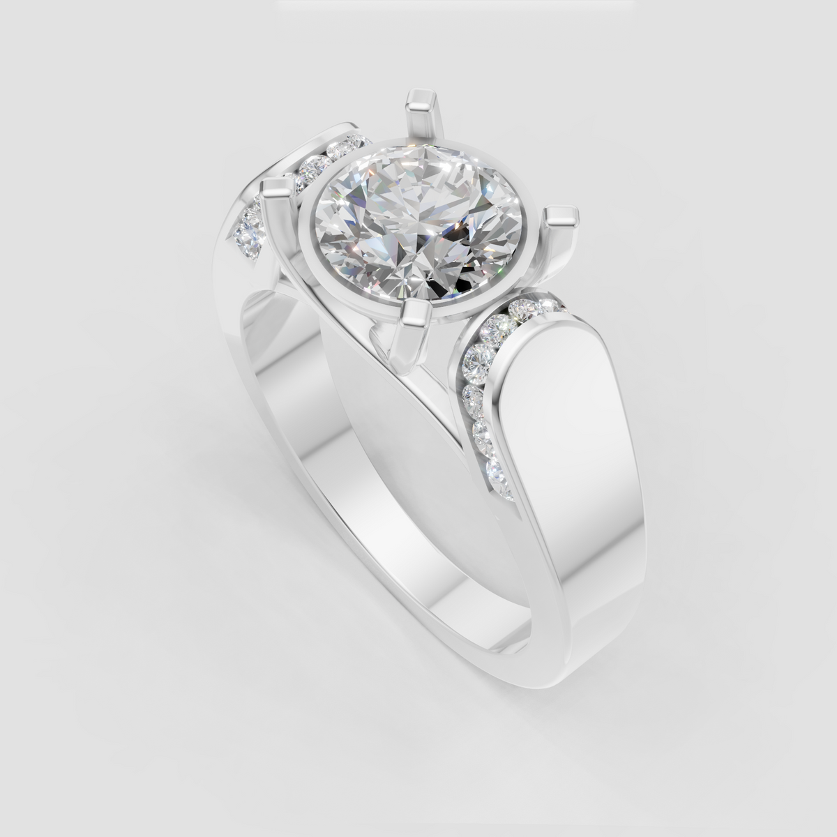 Luxury round diamond ring with four decorative prongs and sparkling shoulders