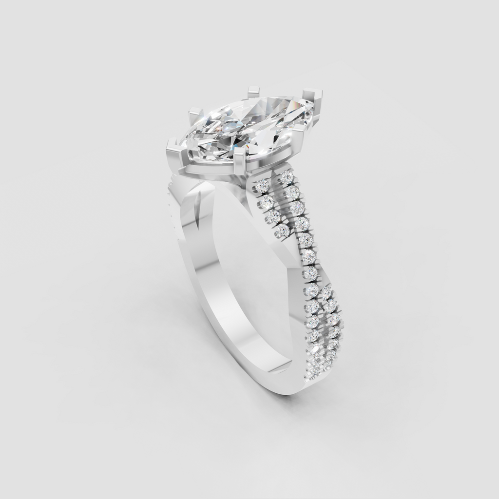 Yellow gold marquise cut diamond engagement ring with multiple rows of sparkling pavé accent stones.