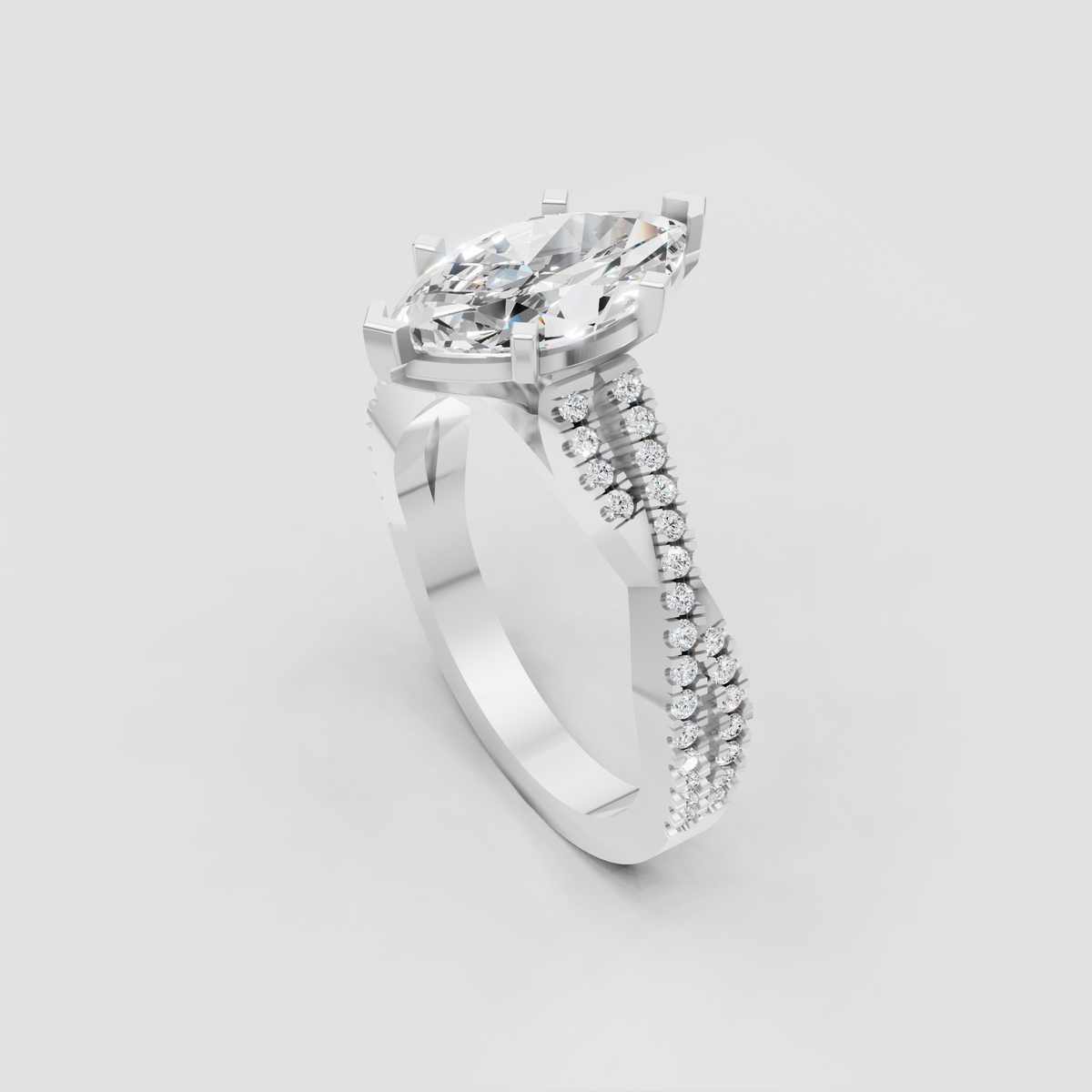 Yellow gold marquise cut diamond engagement ring with multiple rows of sparkling pavé accent stones.