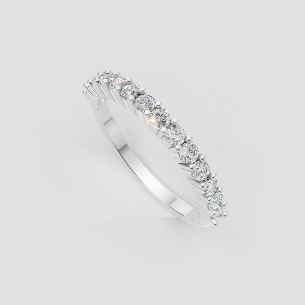 Round diamond half eternity band viewed from an angle