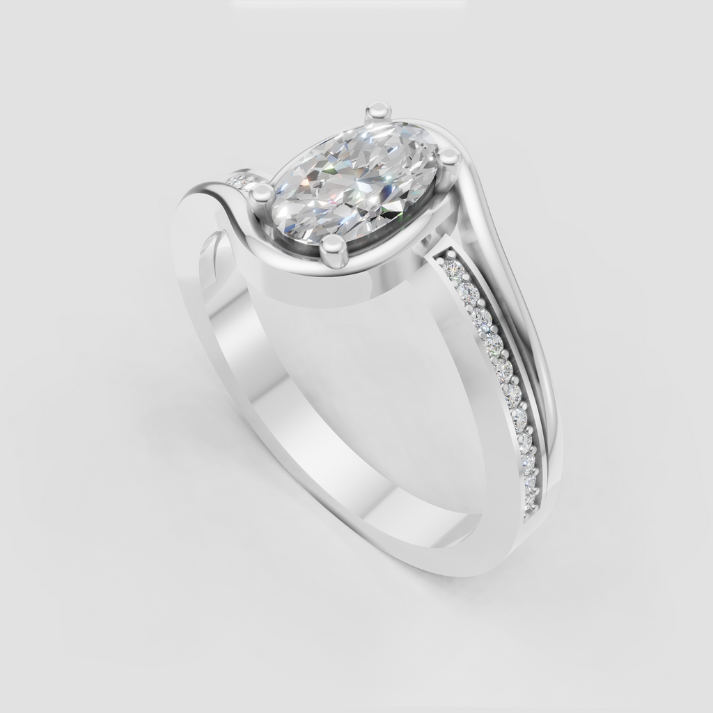 Bypass oval engagement ring with polished gold curves surrounding the center stone