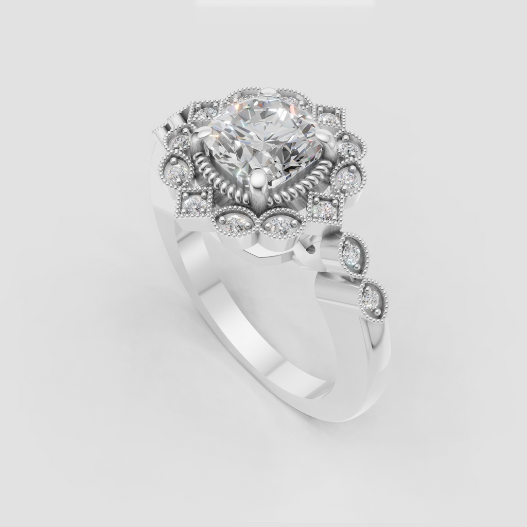 Ornate gold cushion diamond engagement ring