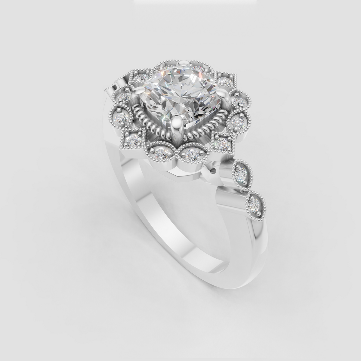 Ornate gold cushion diamond engagement ring