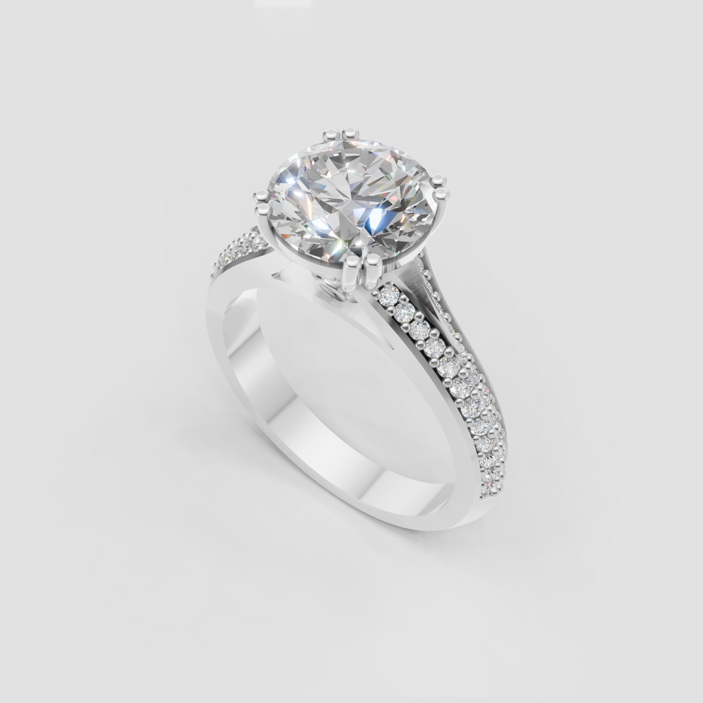 Classic Round Cut Diamond engagement ring with detailed pavé shoulder setting