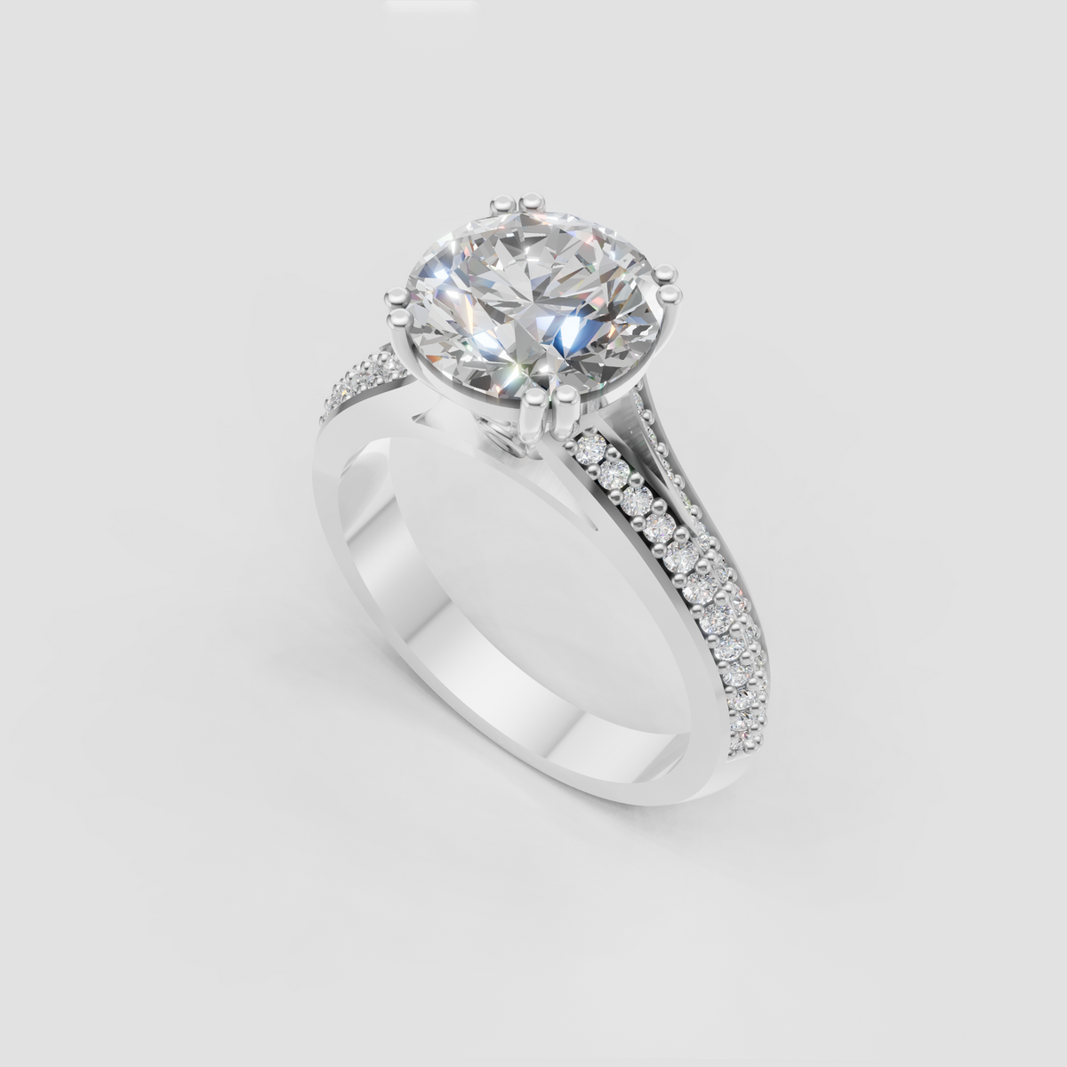 Classic Round Cut Diamond engagement ring with detailed pavé shoulder setting