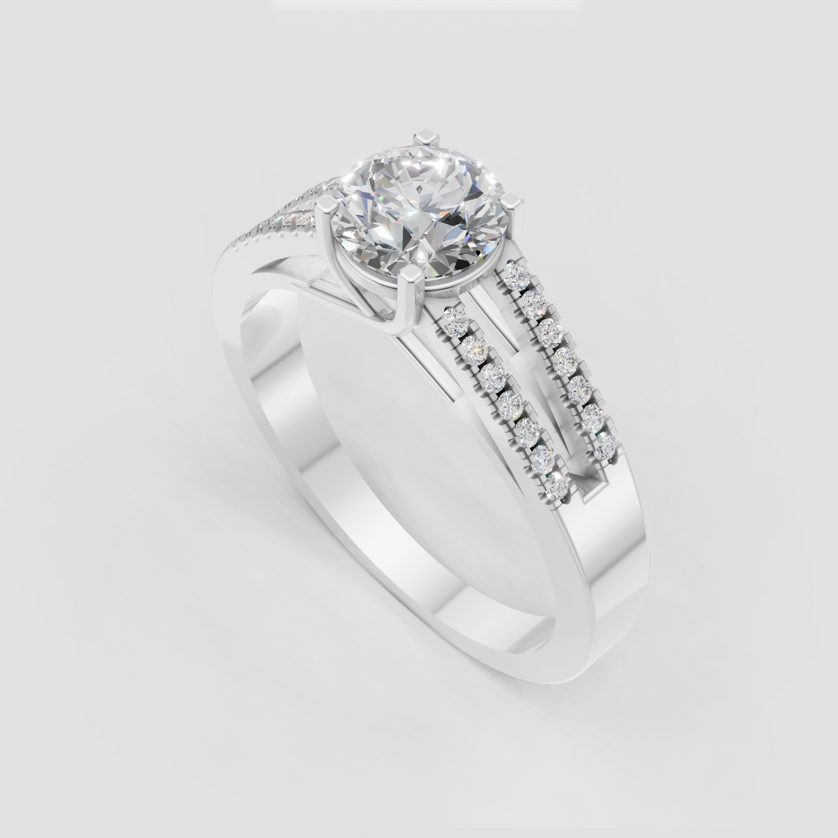 Four-prong round diamond ring with sparkling pavé side stones