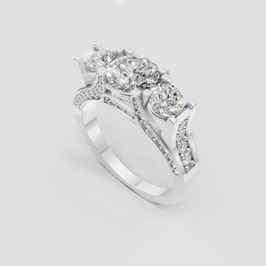 Luxury three stone diamond ring with pavé-set shoulders
