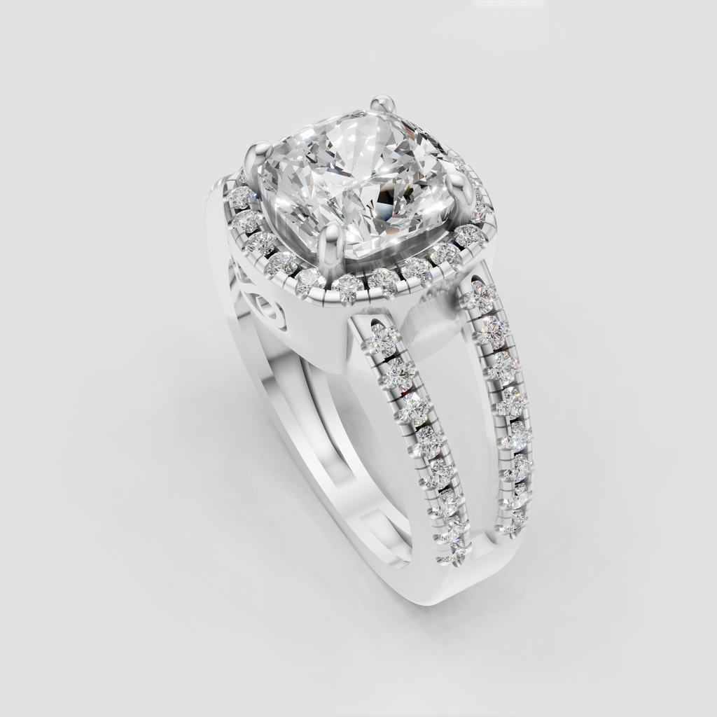 Cushion diamond ring with round diamond halo