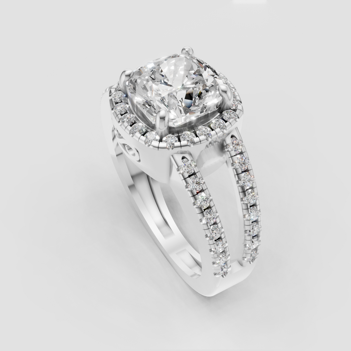 Cushion diamond ring with round diamond halo