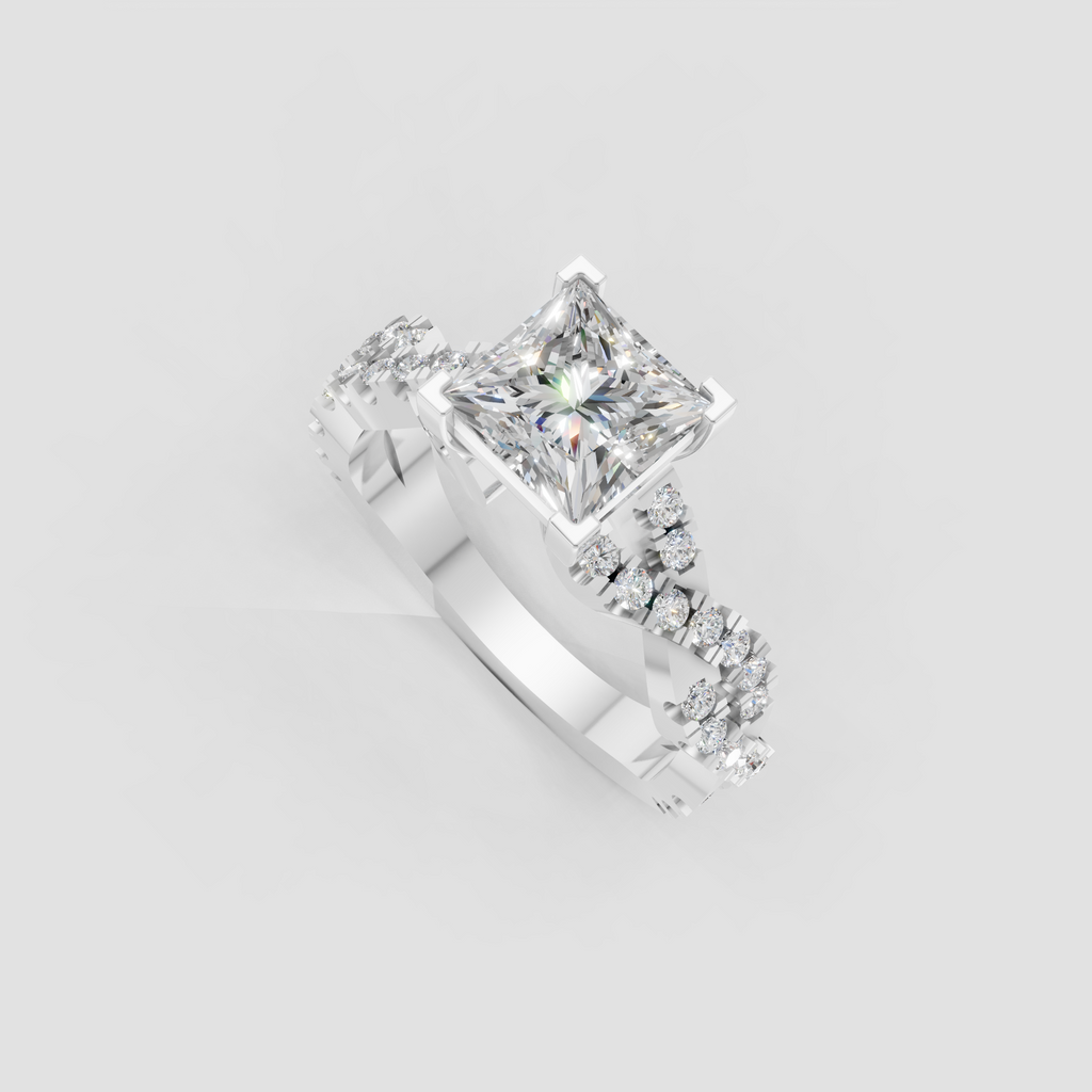 Princess cut center diamond surrounded by a detailed crossover diamond band