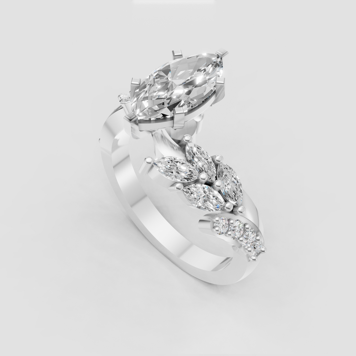 Marquise and round diamond bypass band in yellow gold