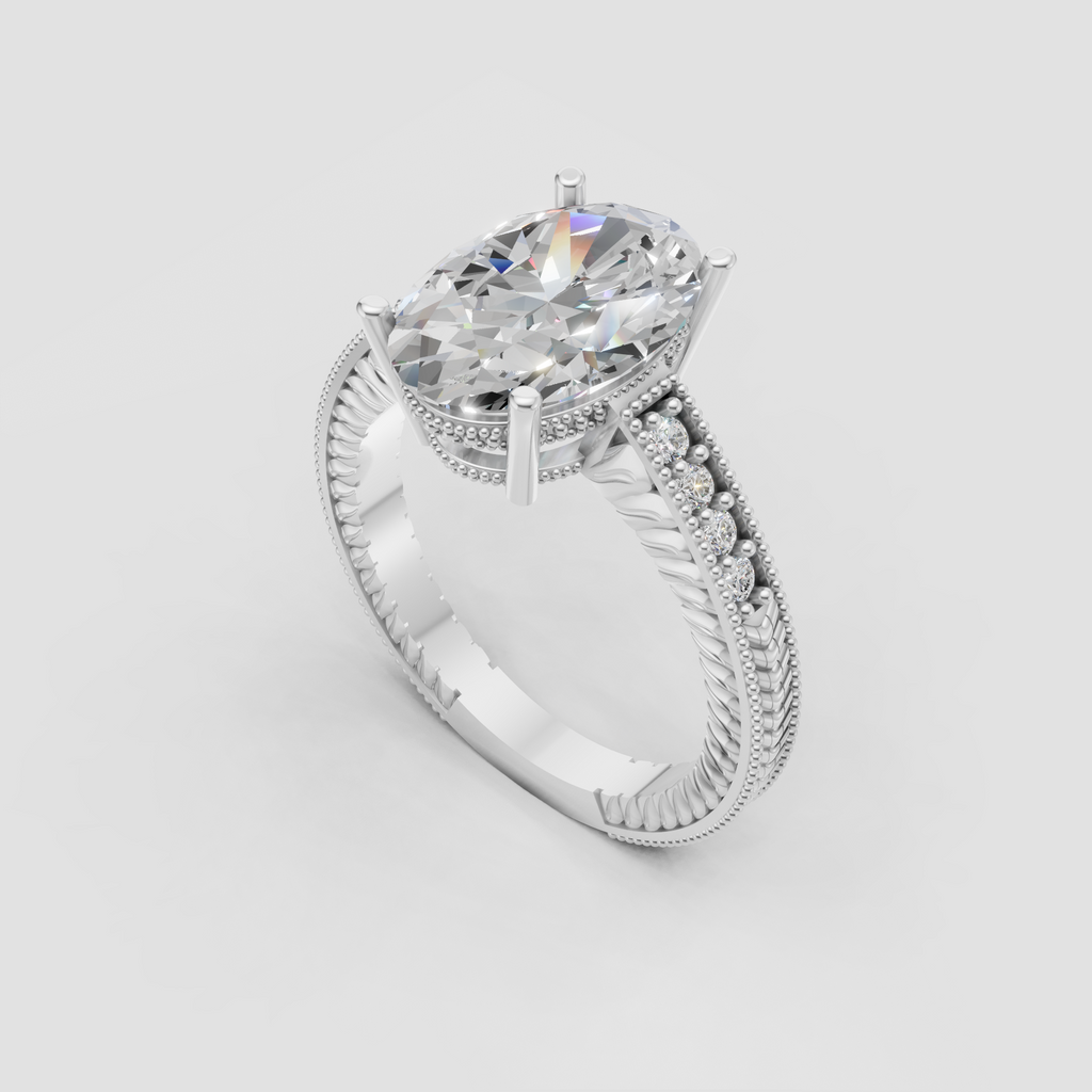 Vintage style oval diamond engagement ring with ornate band