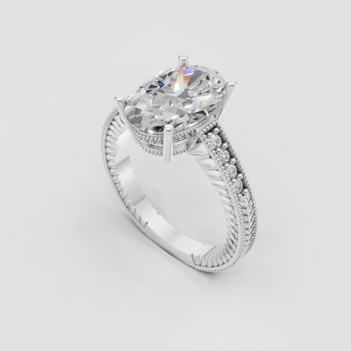 Vintage style oval diamond engagement ring with ornate band