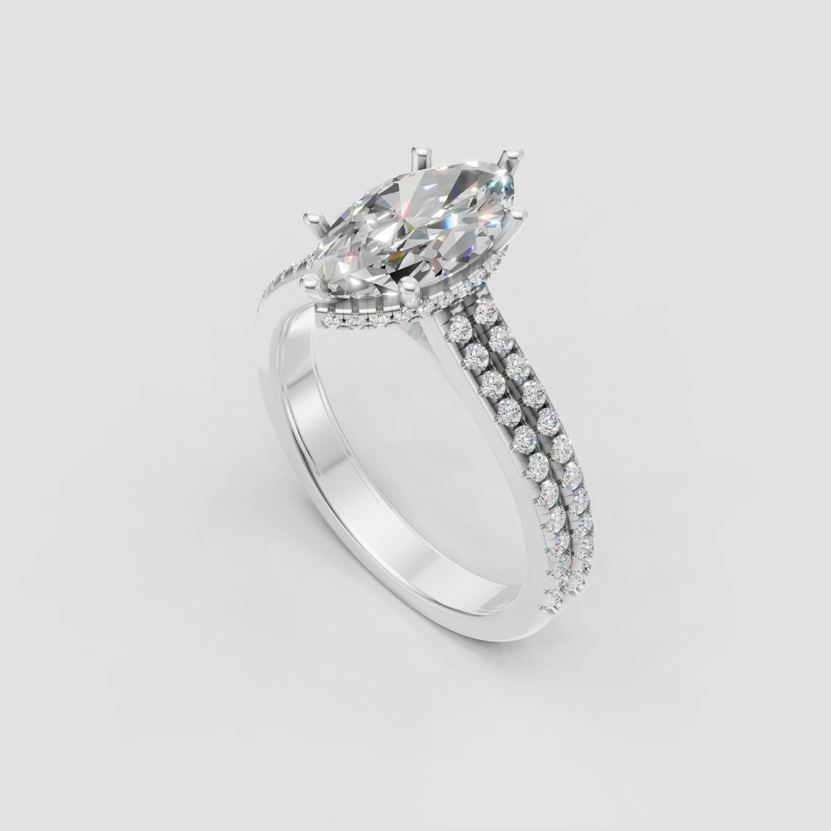 Marquise center stone secured in a multi-prong yellow gold setting