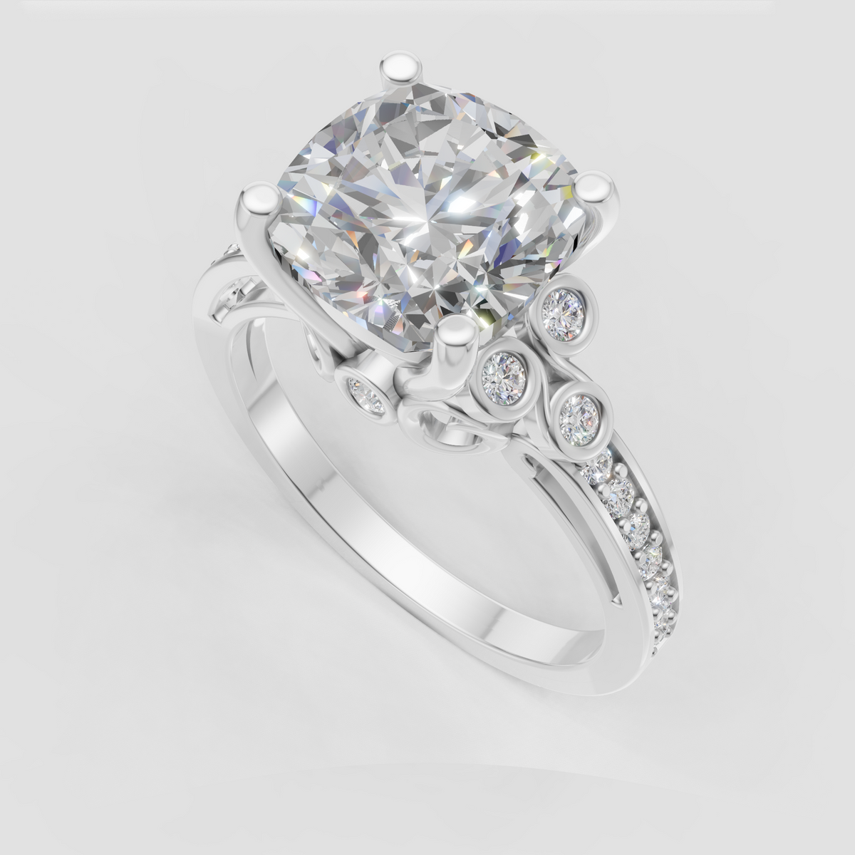 Ornate yellow gold engagement ring with cushion center stone