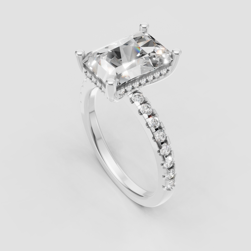 Elongated rectangular radiant diamond ring in rose gold setting