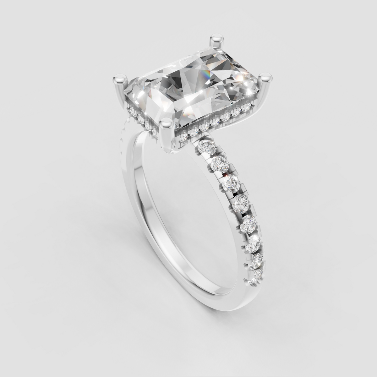 Elongated rectangular radiant diamond ring in rose gold setting