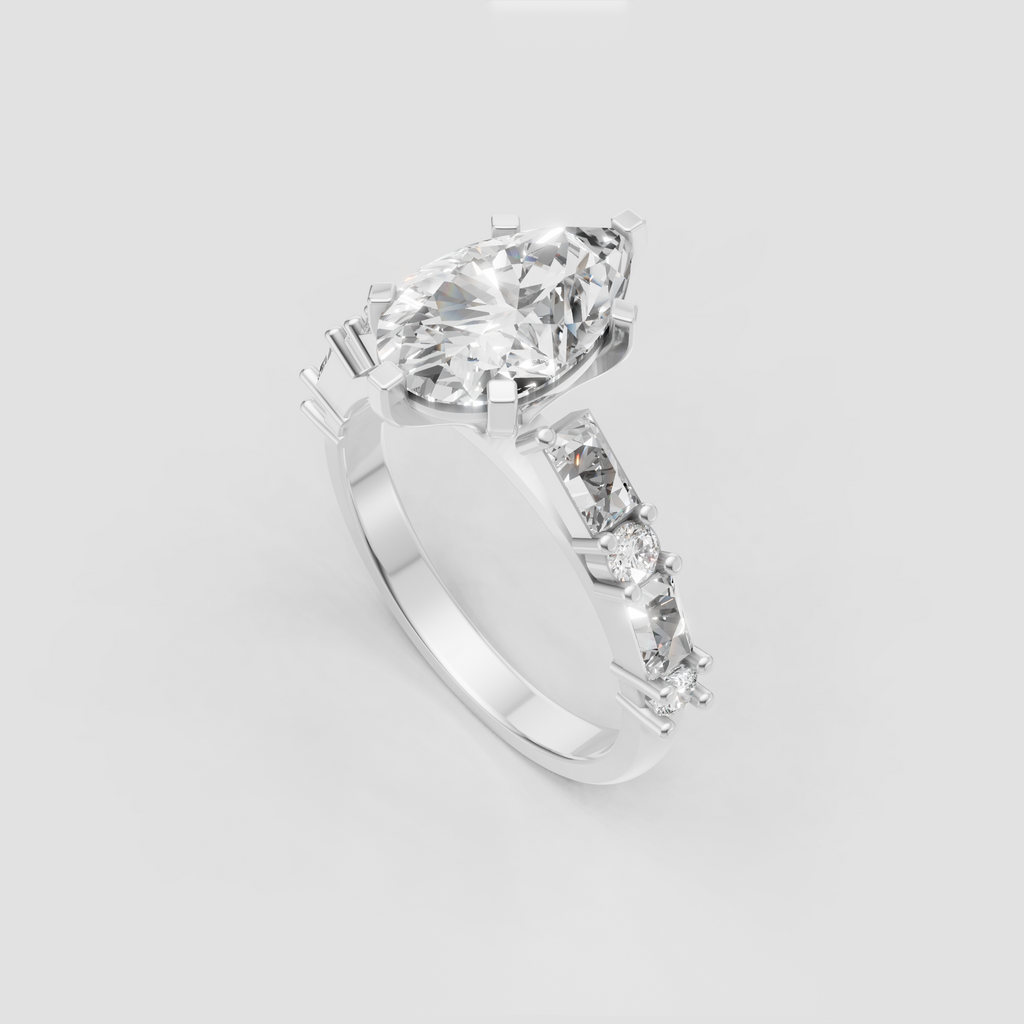 Luxury pear shaped diamond ring with geometric side stones