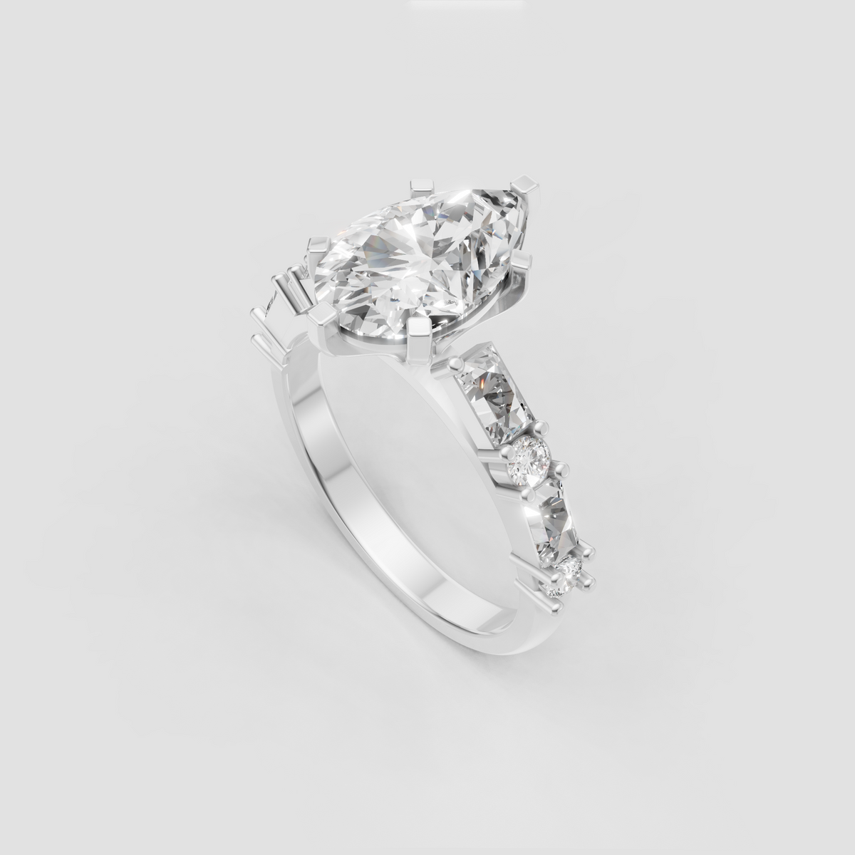 Luxury pear shaped diamond ring with geometric side stones