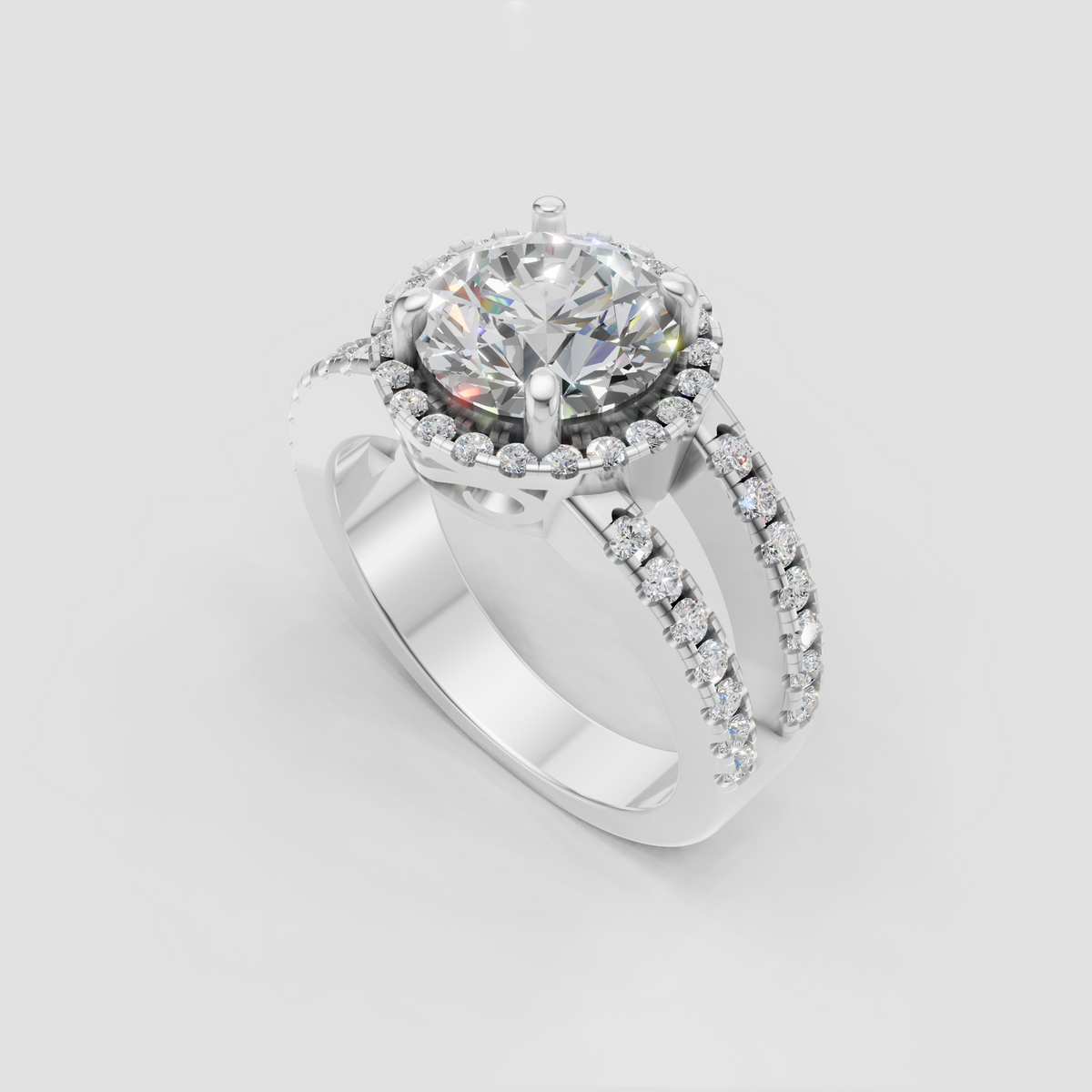 Round brilliant cut diamond halo ring with sparkling accent stones