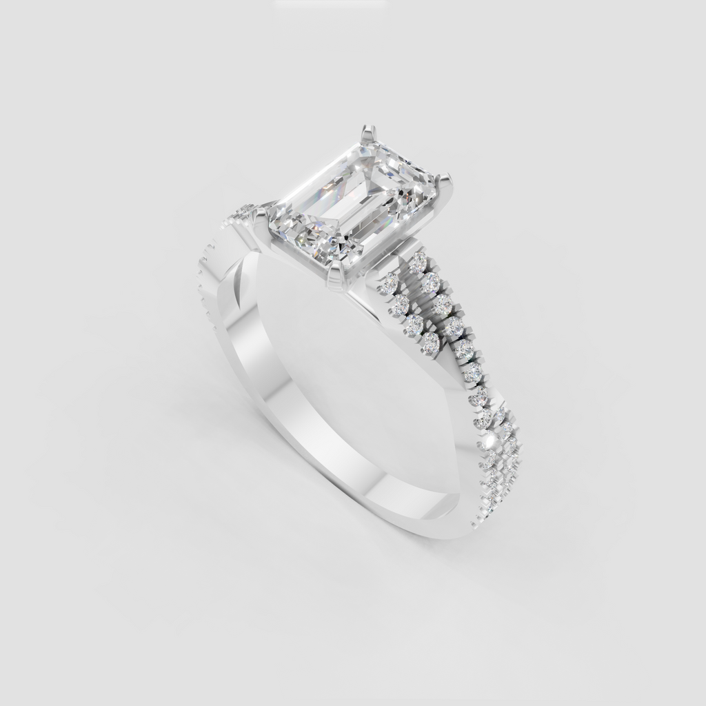 Pavé split shank emerald diamond engagement ring in yellow gold