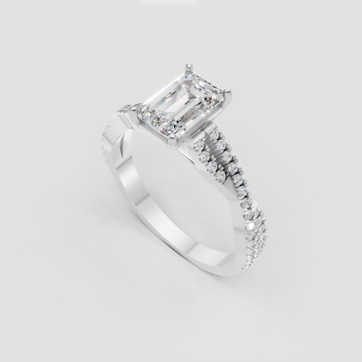 Pavé split shank emerald diamond engagement ring in yellow gold