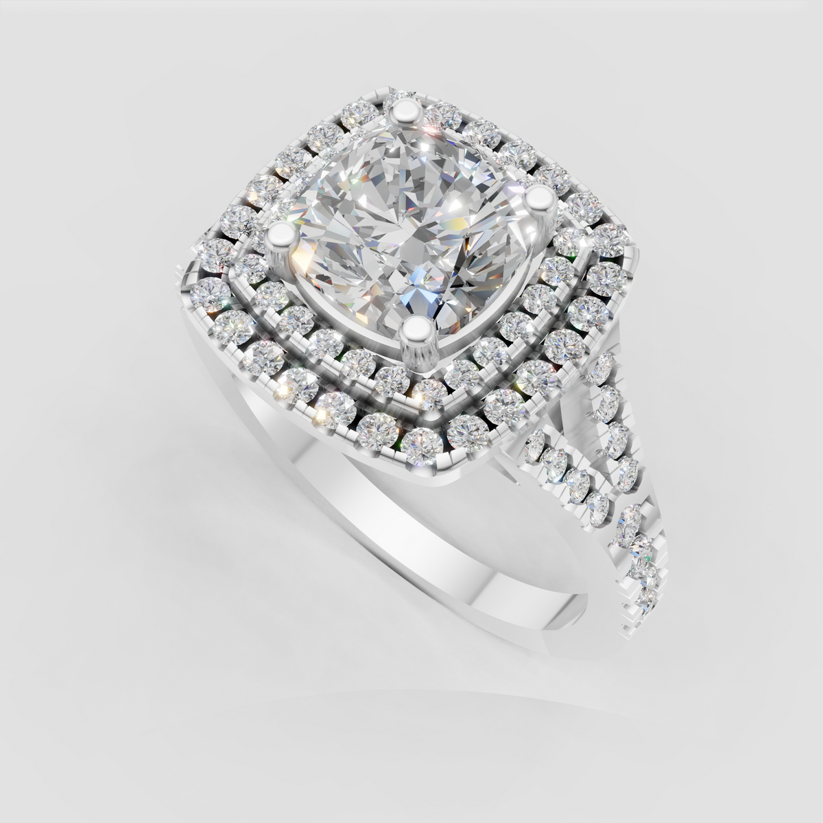 Cushion diamond ring with intricate diamond accented under gallery