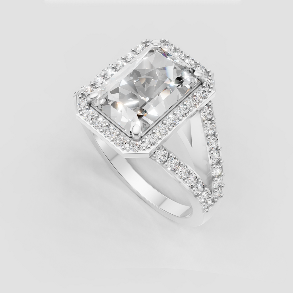 Elegant radiant diamond cathedral engagement ring with halo