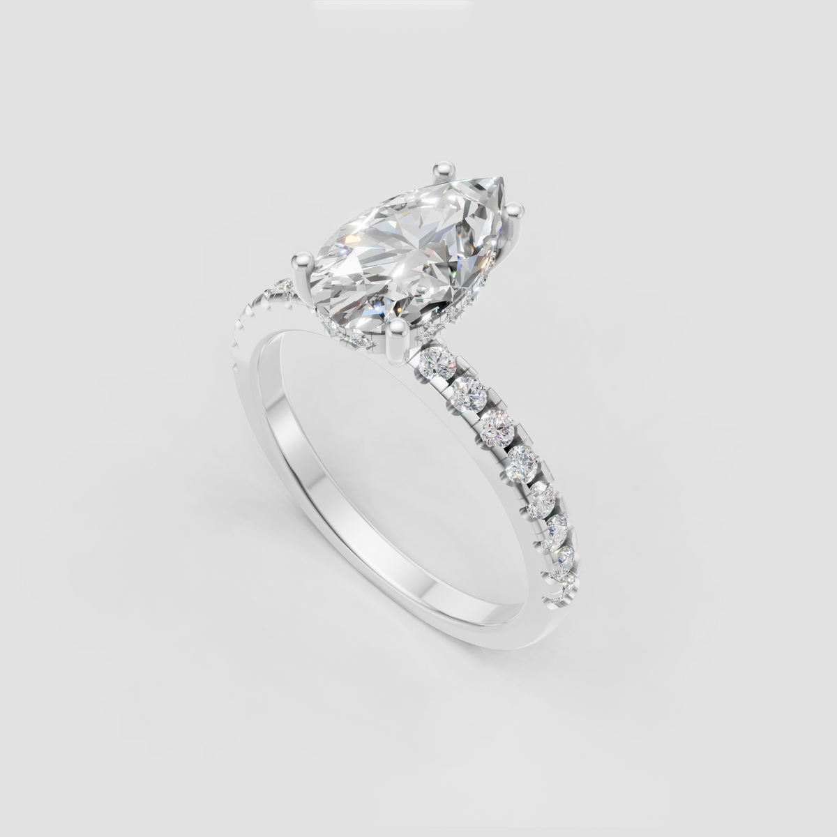 Pear Diamond Hidden Halo Solitaire with Accent Diamond Engagement Ring