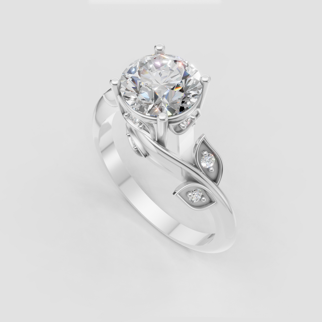 Round diamond botanical engagement ring in polished yellow gold