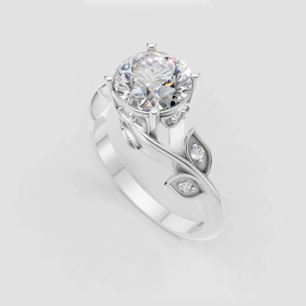 Round diamond botanical engagement ring in polished yellow gold