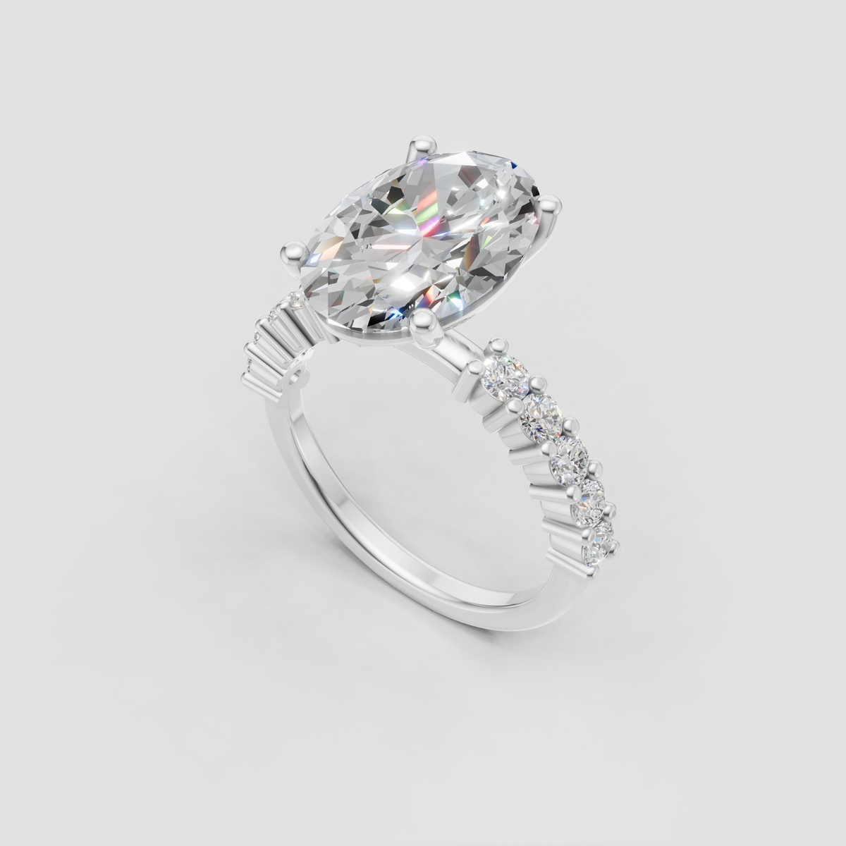 Four-prong oval diamond engagement ring with geometric side stones