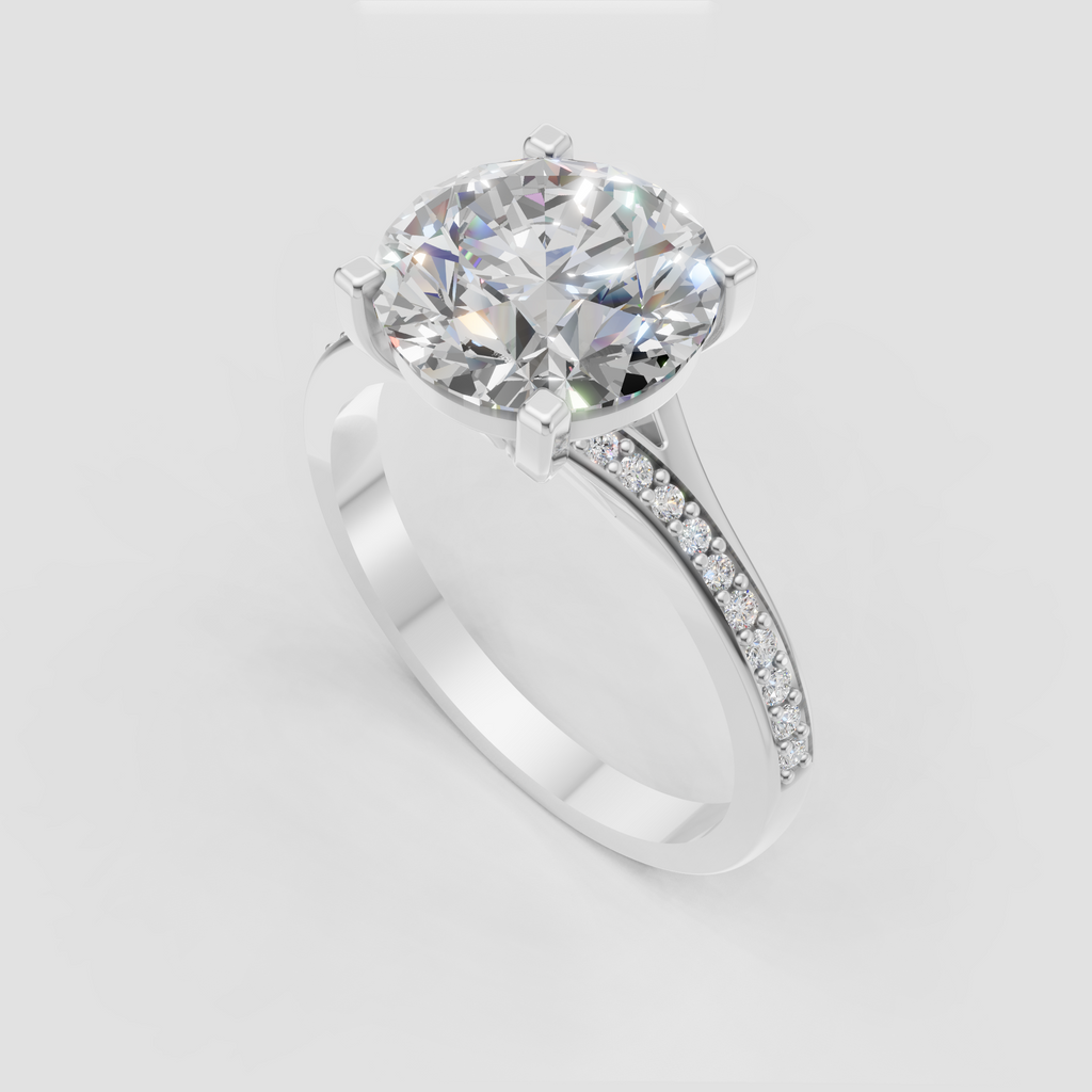 Round brilliant center diamond with cathedral-style pavé band
